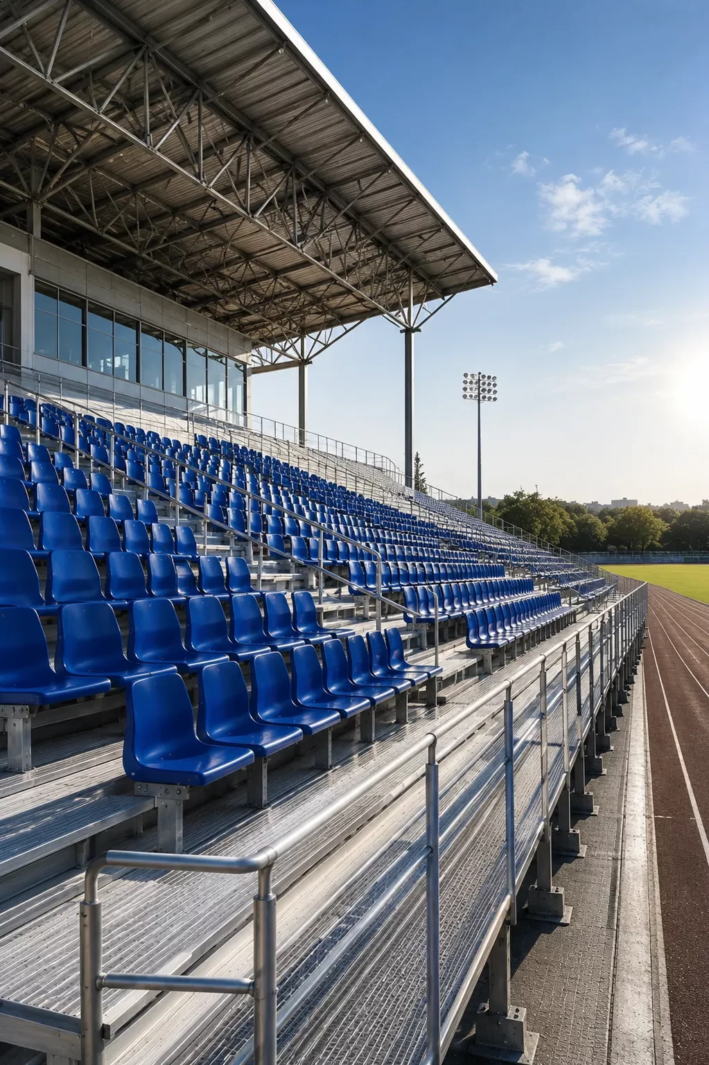 Modern stadium bleacher seating system manufactured by Freewill Infra for Sports, featuring durable aluminium structure, premium blue seating, and high-performance sports infrastructure solutions for schools, stadiums, academies, and sports complexes across India.