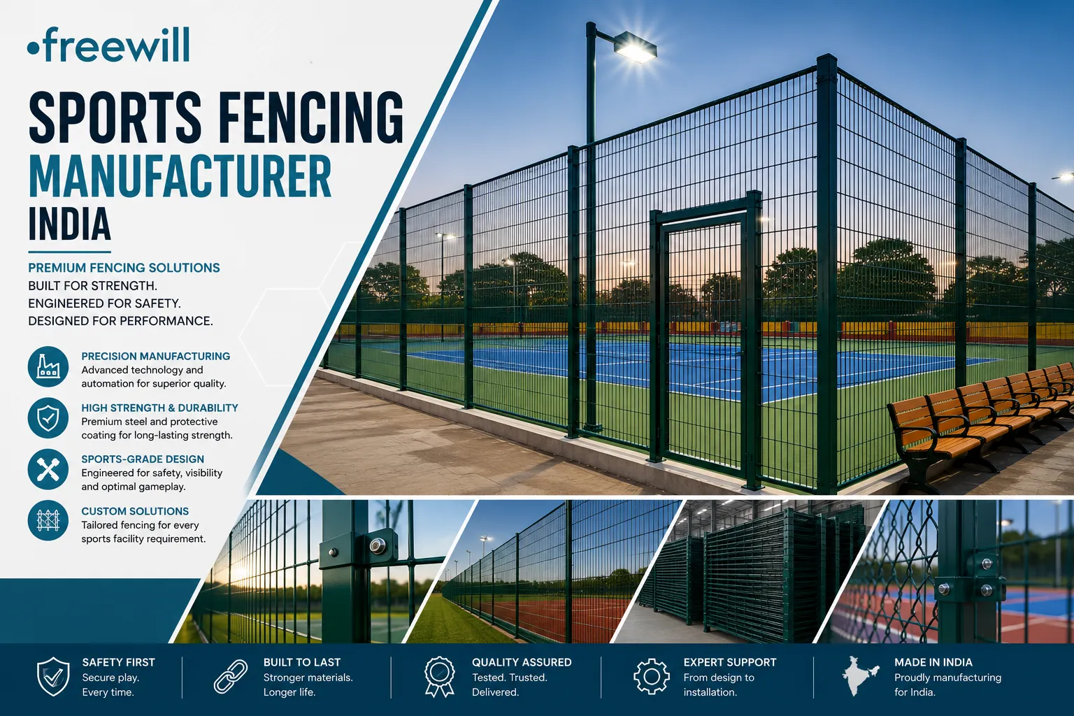 Premium sports fencing installation for basketball and multi-sports courts by Freewill – Sports Fencing Manufacturer India