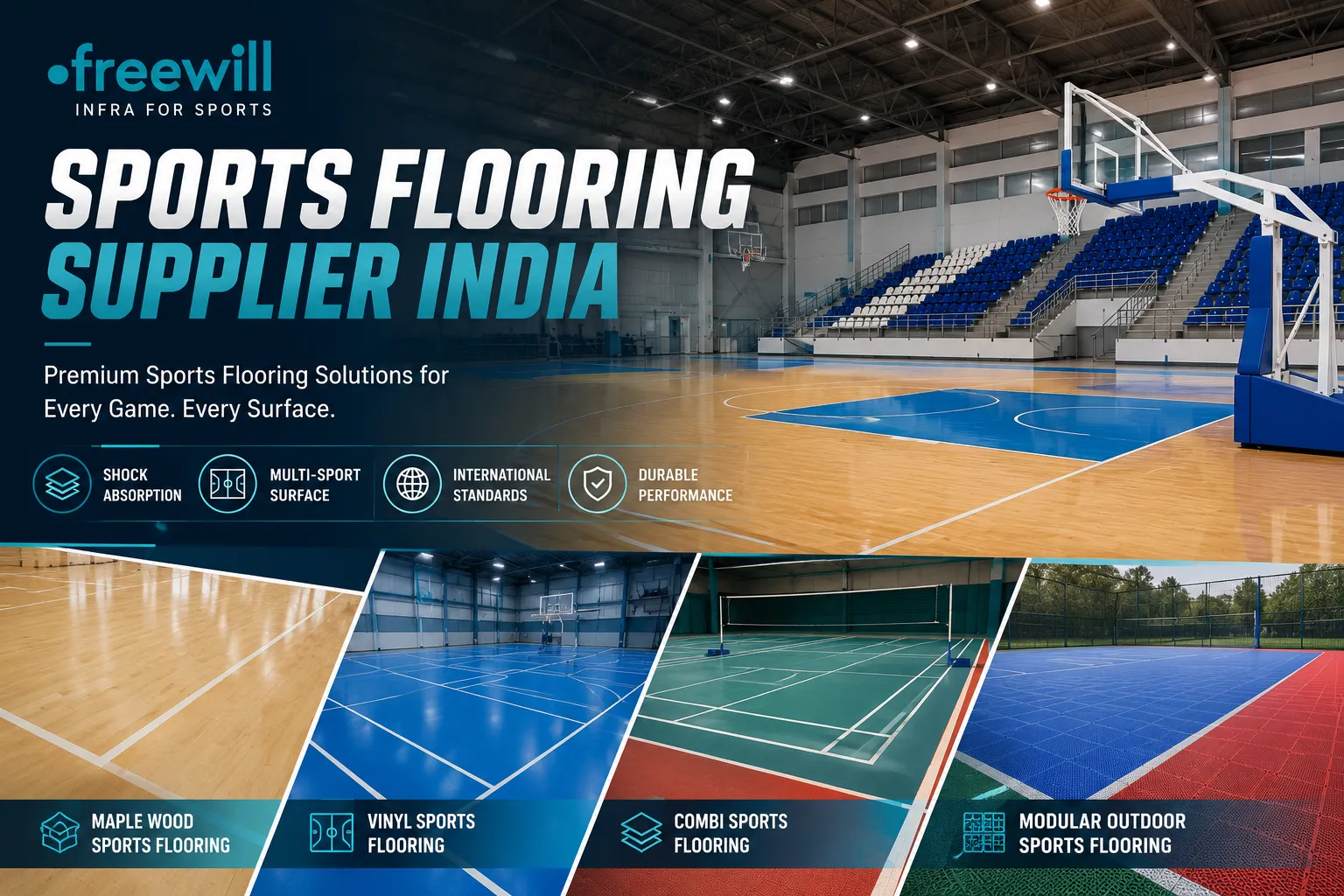 Freewill sports flooring solutions in India featuring premium maple wood, vinyl, combi, and modular outdoor sports flooring for indoor and outdoor sports infrastructure projects since 1993