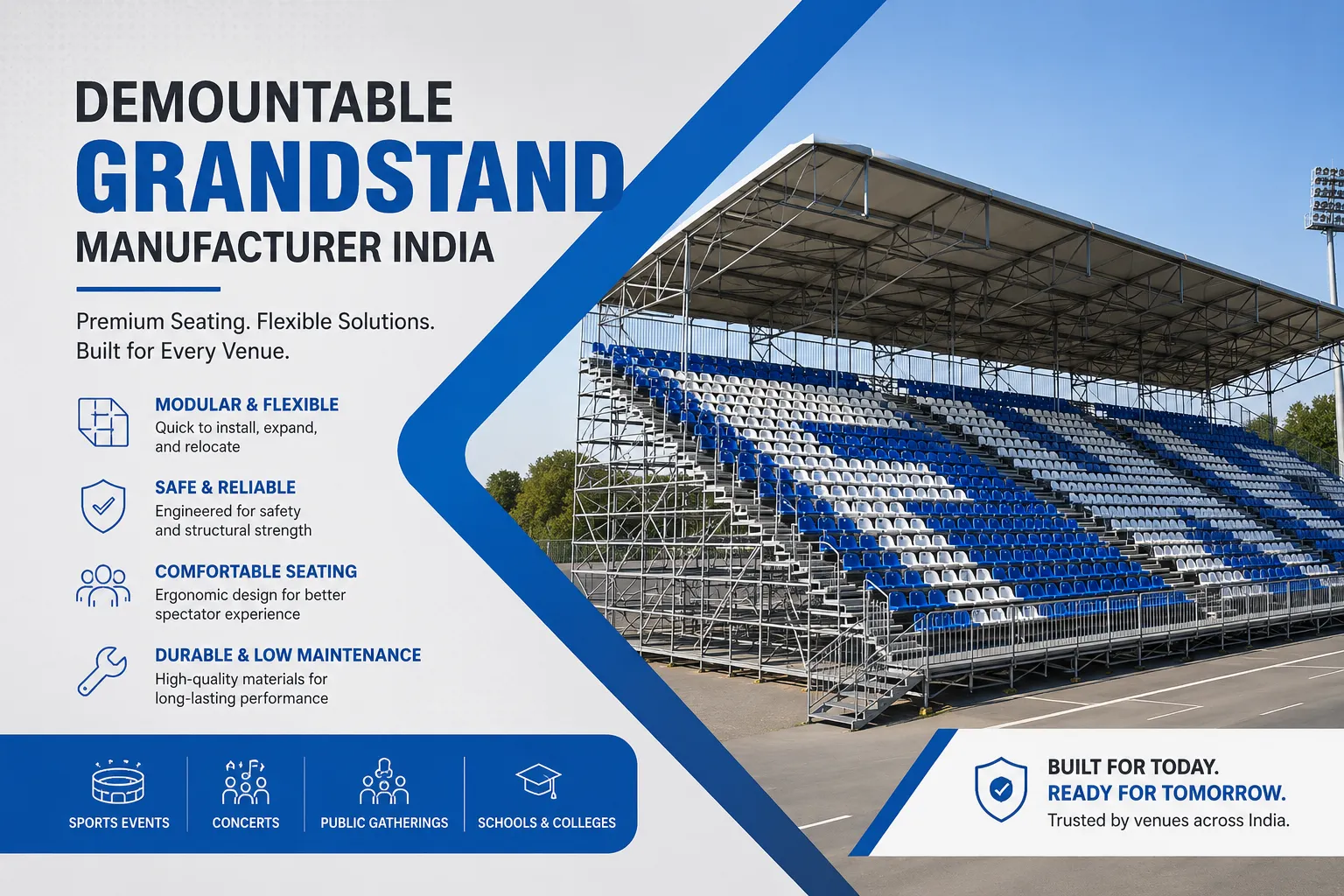 Demountable grandstand seating system with modular stadium structure manufactured by Freewill Infra for Sports in India
