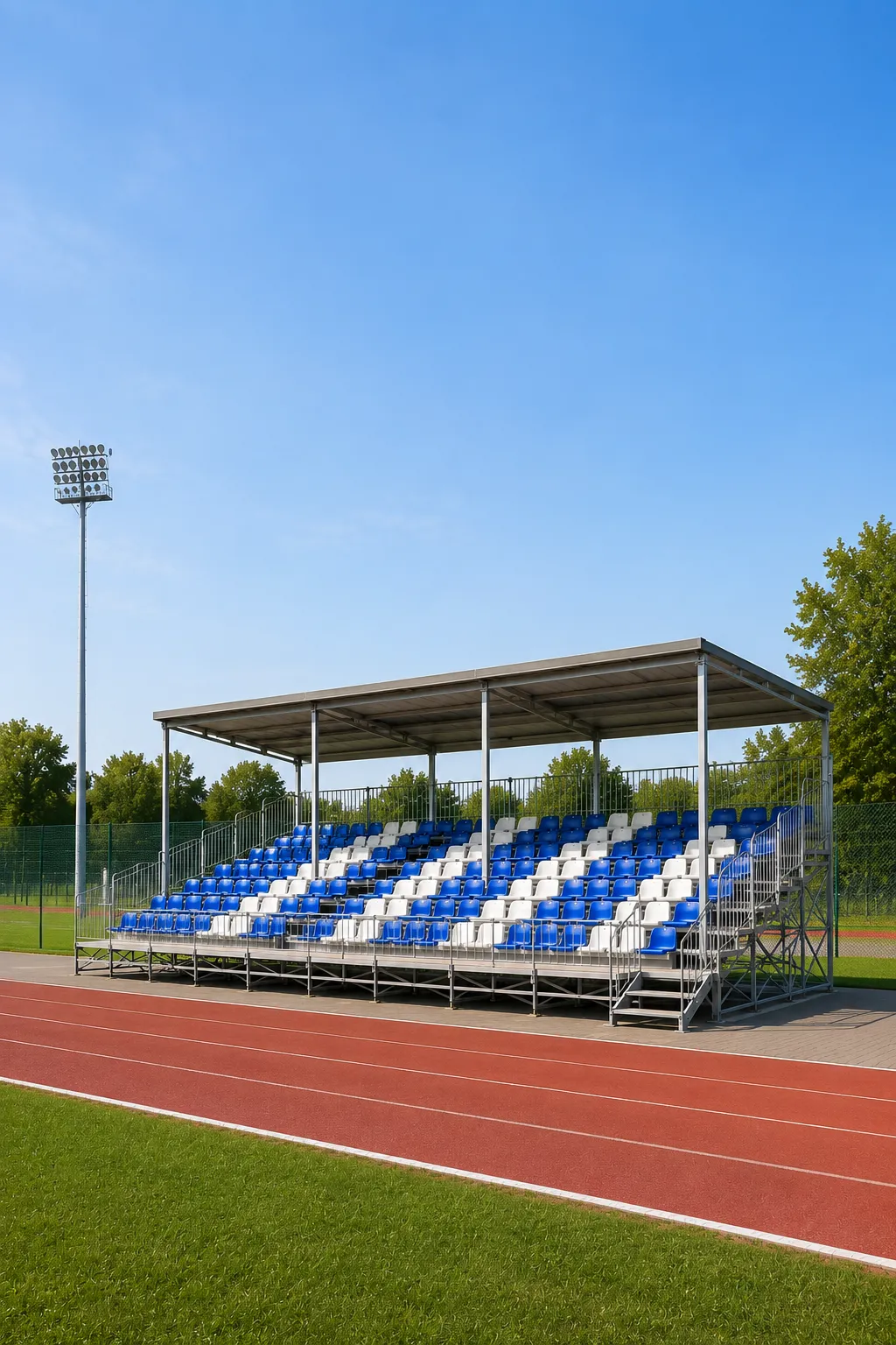 Modular demountable grandstand seating system with covered spectator stand for sports venues in India by Freewill Infra for Sports