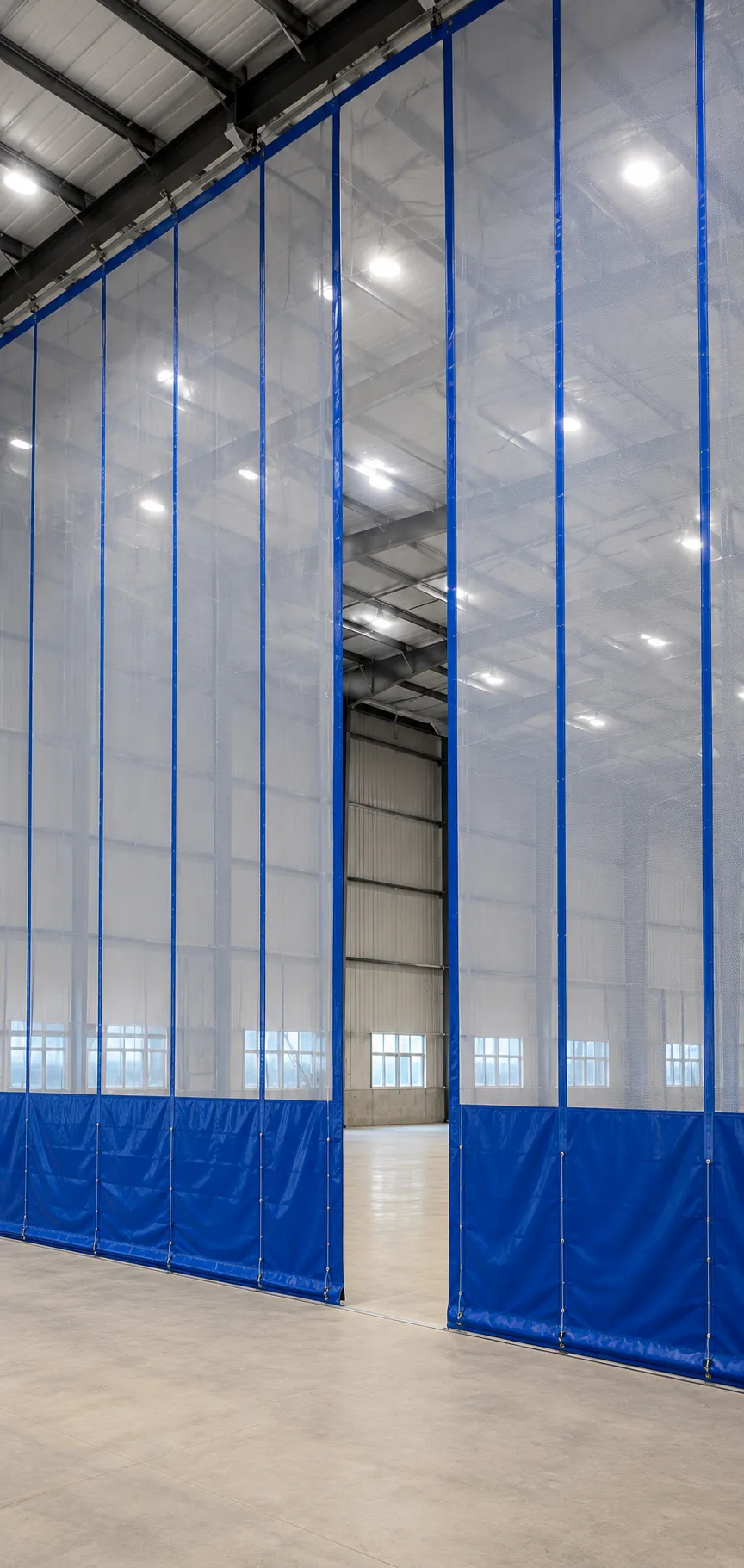 Industrial divider curtain system with blue mesh partition panels installed inside a large indoor facility in India