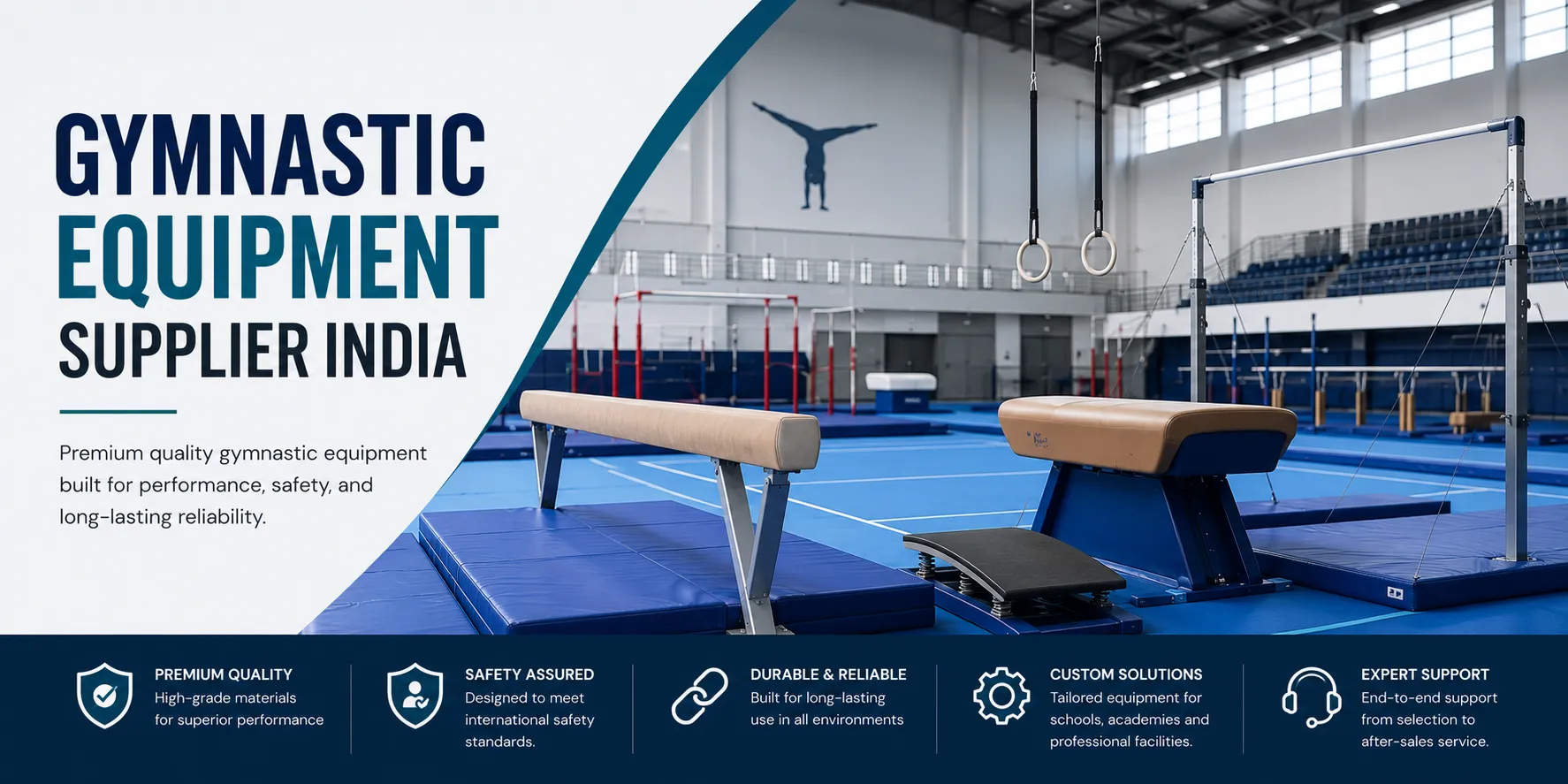 Professional gymnastic training equipment including balance beam, vault table, and rings installed inside a modern indoor sports facility in India