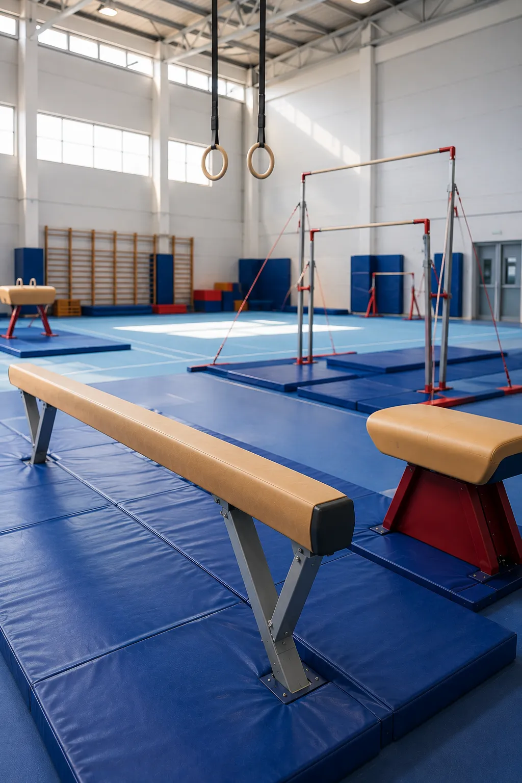 Professional indoor gymnastics training facility with balance beam, vault table, rings, and uneven bars installed on blue safety mats in India
