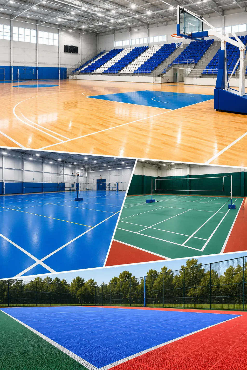 Premium indoor and outdoor sports flooring installation in India featuring maple wood basketball flooring, vinyl badminton courts, and modular outdoor sports surfaces by Freewill