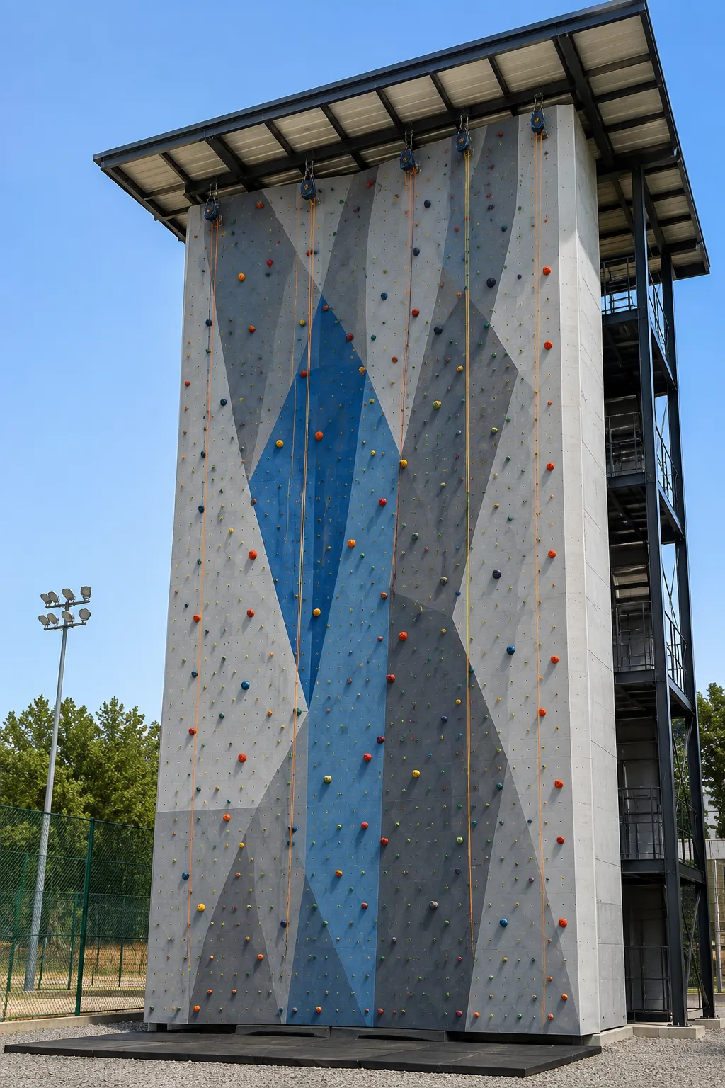 Outdoor artificial climbing wall installation with safety ropes and geometric climbing panels by Freewill Infra for Sports in India