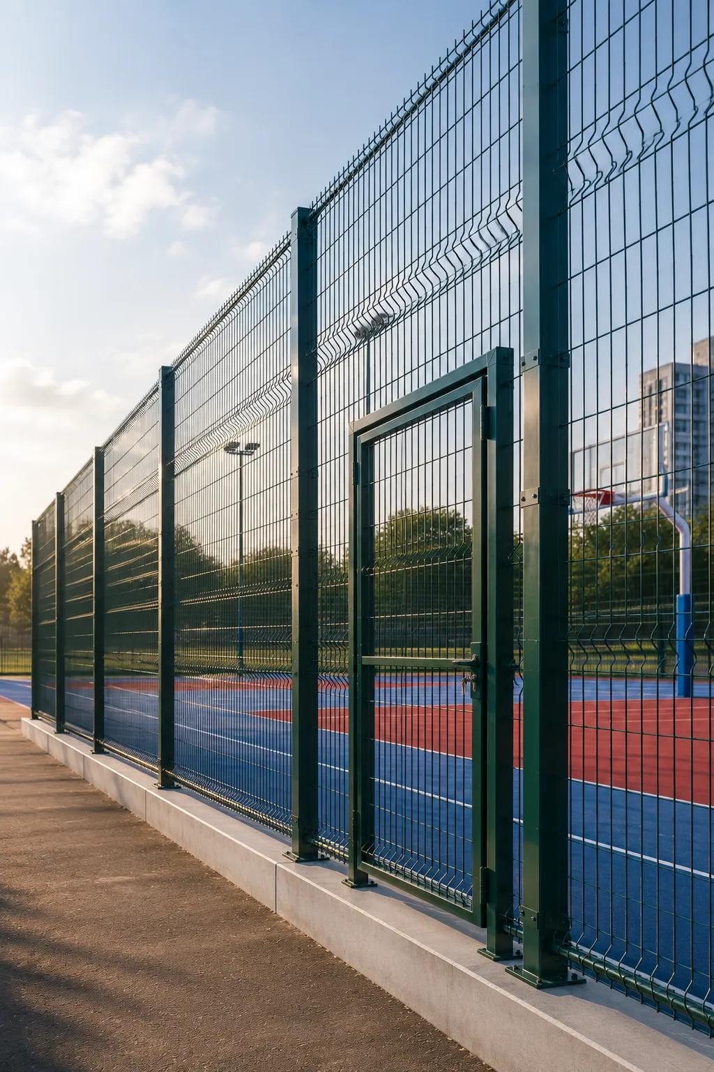 Green powder-coated sports fencing installed around a basketball court by Freewill in India