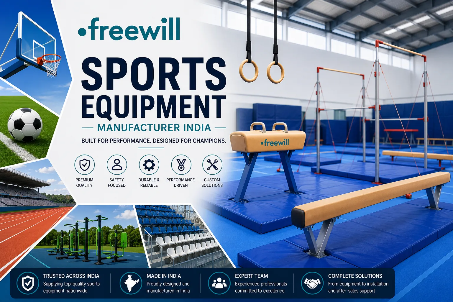 Freewill sports equipment manufacturing facility showcasing professional gymnastics equipment, stadium seating, athletic track systems, and outdoor fitness infrastructure in India
